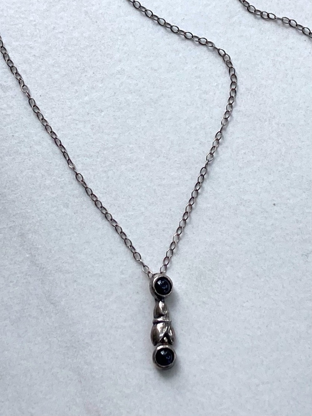 Sterling Silver & 2 Small Navy Cabochon Gemstones in a Drop Pendant Necklace